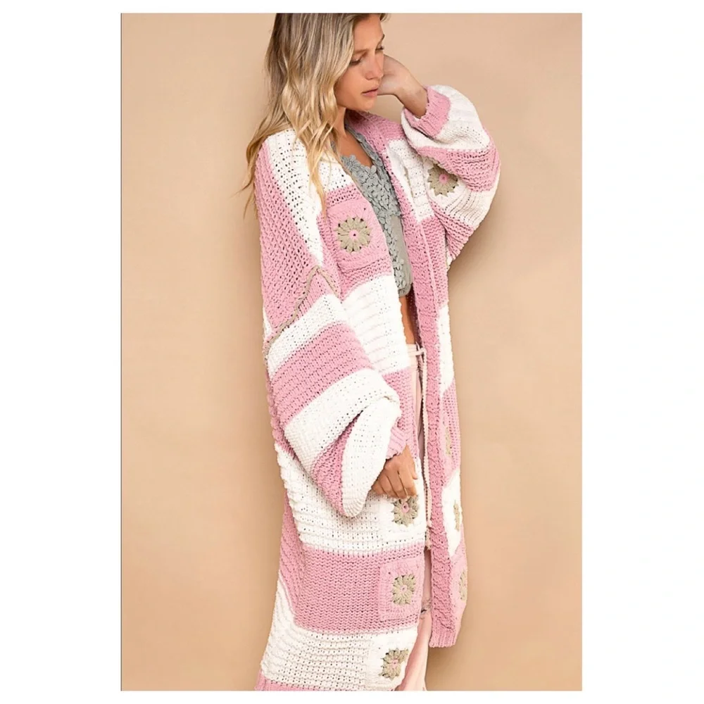 $55 start ❤️POL hand knit square patch striped long chenille cardigan sweater - Picture 3 of 4